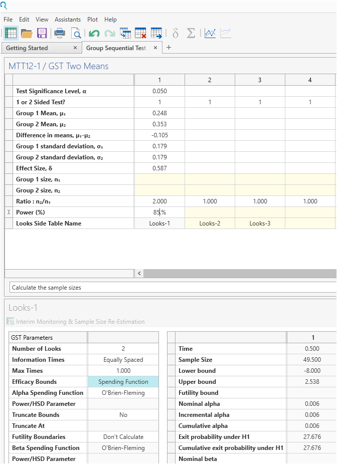 Sample Size Calculator Example- nQuery- Example 06- Img 02- Group Sequential Test of Two Means