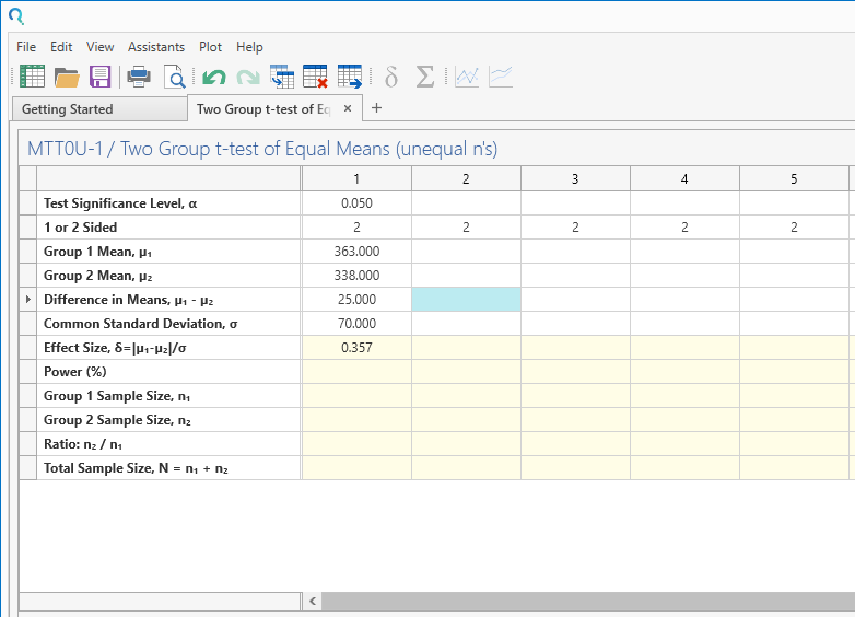 Sample Size Calculator Example- nQuery- Example 07- Img 02- Two Sample Student’s t-test  (equal variances)  Unequal n’s
