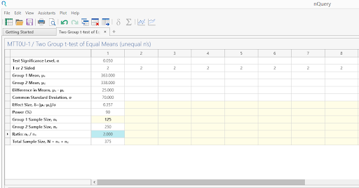 Sample Size Calculator Example- nQuery- Example 07- Img 03- Two Sample Student’s t-test  (equal variances)  Unequal n’s
