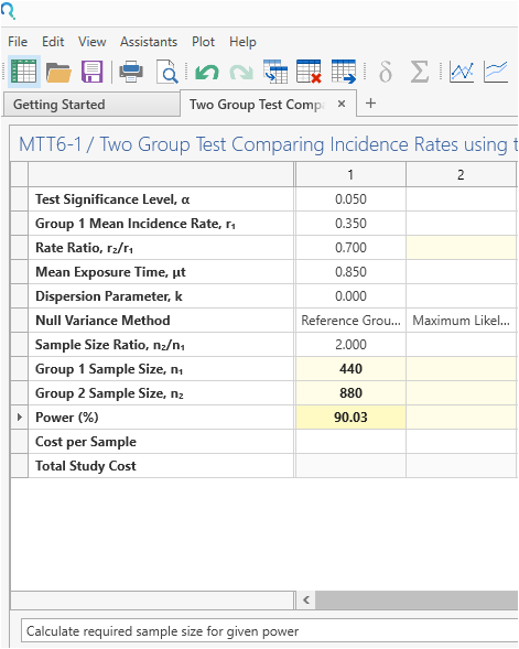 Sample Size Calculator Example- nQuery- Example 10- Img 03- Two Group Test Comparing Incidence Rates using the Negative Binomial Model