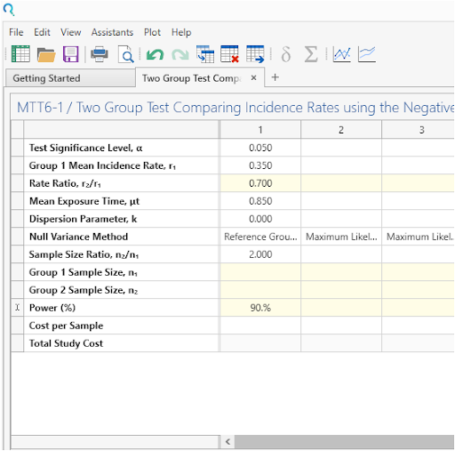Sample Size Calculator Example- nQuery- Example 10- Img 2- Two Group Test Comparing Incidence Rates using the Negative Binomial Model