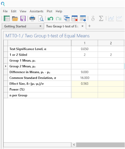 Sample Size Calculator Example- nQuery- Example 11- Img 02- Two Sample Student’s t-test (equal variances)