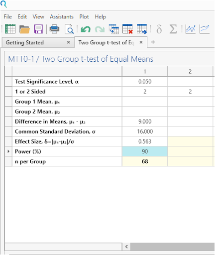 Sample Size Calculator Example- nQuery- Example 11- Img 03- Two Sample Student’s t-test (equal variances)