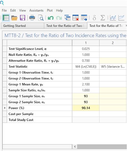 Sample Size Calculator Example- nQuery- Example 12- img 03- Test for the Ratio of Two Incidence Rates using the Poisson Model