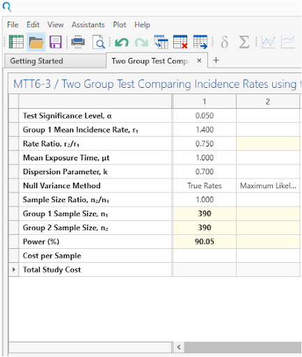 Sample Size Calculator Example- nQuery- Example 13- Img 03- Two Group Test Comparing Incidence Rates using the Negative Binomial Model