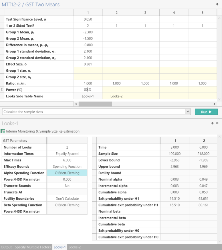 Sample Size Calculator Example- nQuery- Example 15- Img 02- Group Sequential Test of Two Means