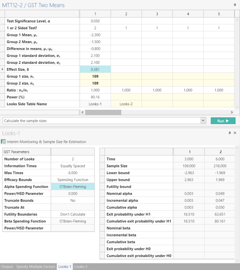 Sample Size Calculator Example- nQuery- Example 15- Img 03- Group Sequential Test of Two Means