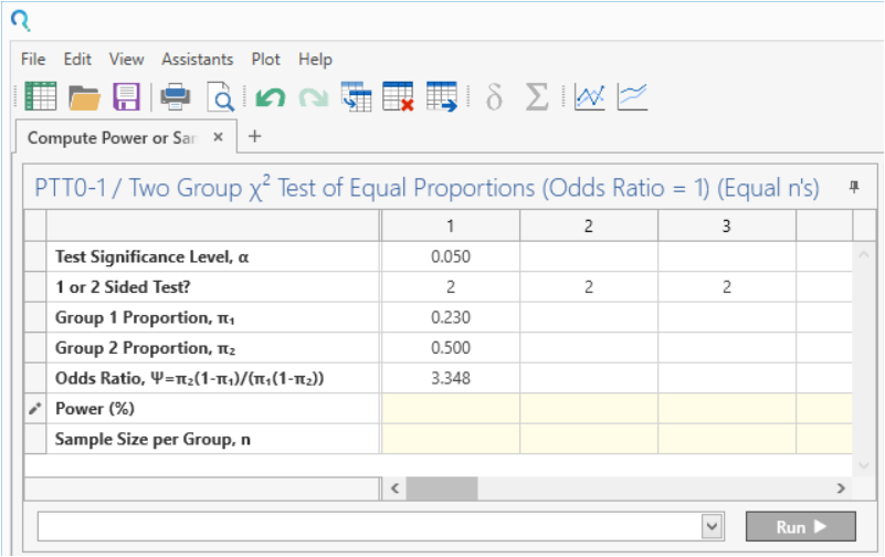 Sample Size Calculator Example- nQuery- Example 17- Img 02- Compute Power or Sample Size for Two-Sample Chi-Squared Test