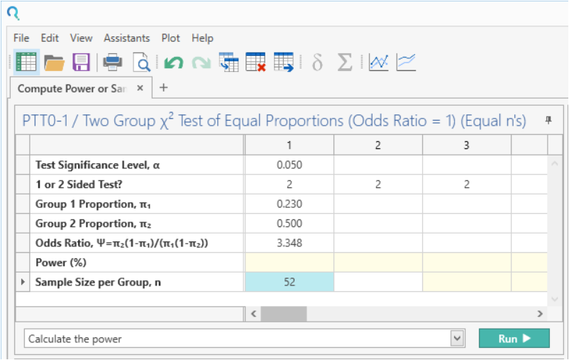 Sample Size Calculator Example- nQuery- Example 17- Img 03- Compute Power or Sample Size for Two-Sample Chi-Squared Test