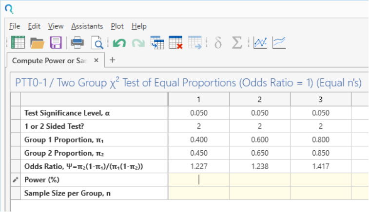 Sample Size Calculator Example- nQuery- Example 18- img 02- Compute Power or Sample Size for Two-Sample Chi-Squared Test
