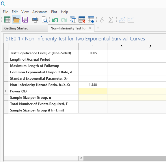 Sample Size Calculator Example- nQuery- Example 20- Img 02- Non-inferiority test for Two Exponential Survival Curves
