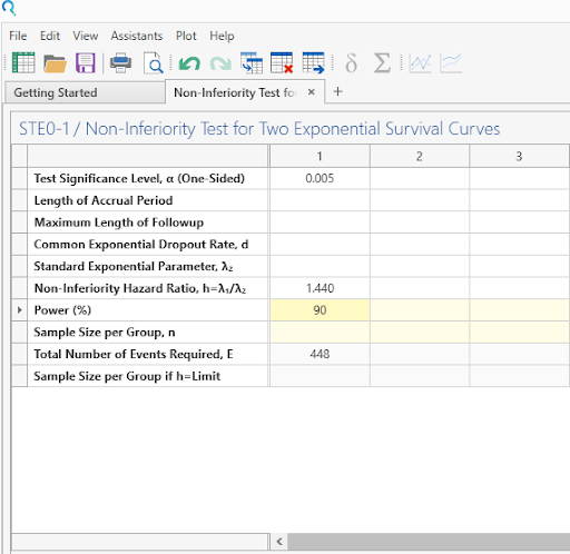 Sample Size Calculator Example- nQuery- Example 20- Img 03- Non-inferiority test for Two Exponential Survival Curves