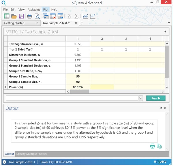 How to calculate two means - nQuery sample size software screenshot 2