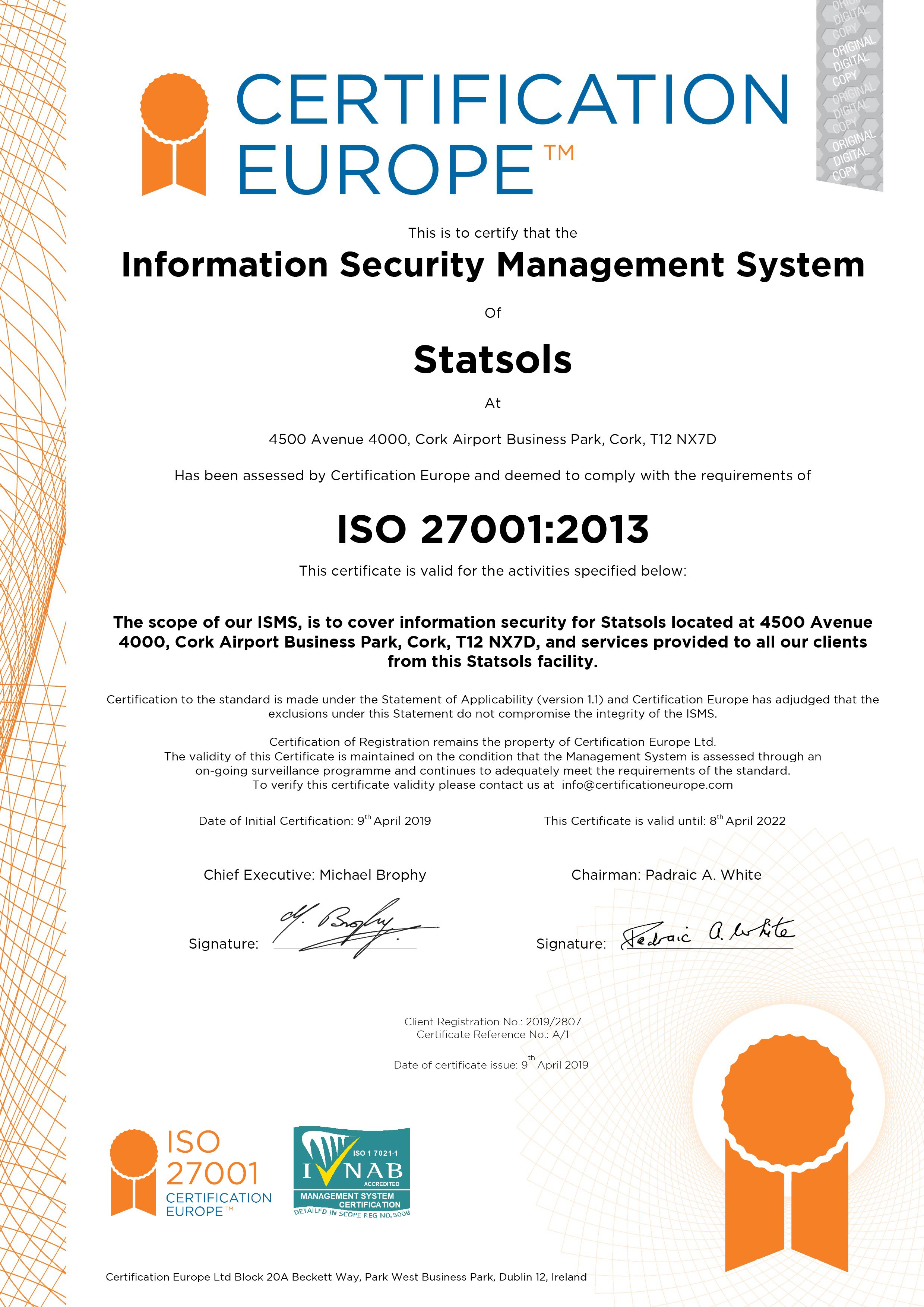 Statsols ISO27001 CertA1 ED2022